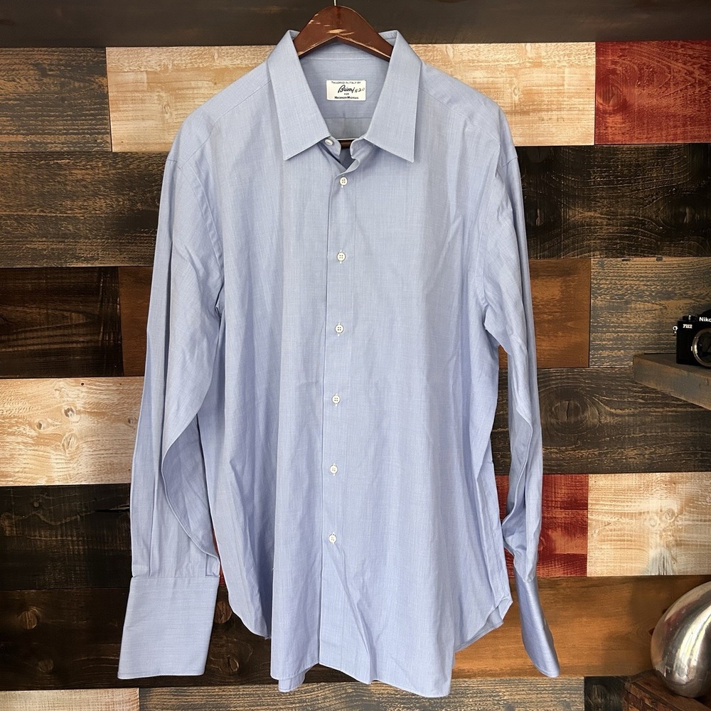 Brioni Neiman Marcus Blue Dress Shirt Mens 18 L Made In Italy Cotton Point Colla